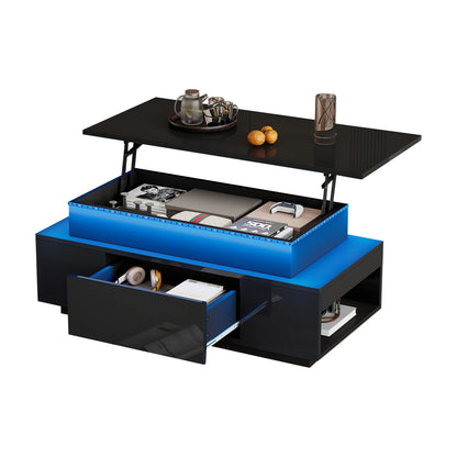 KOMHTOM Black height adjustable coffee table high gloss coffee table with hidden storage, drawer and LED lighting