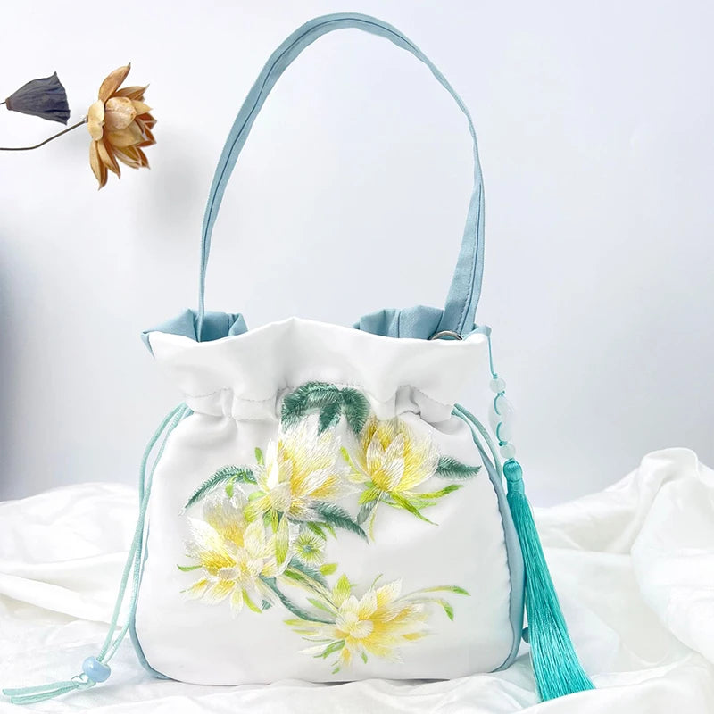 Chinese Style Retro Flower Embroidery Crossbody Top-handle Bags Women Shoulder Lace Drawstring Bucket Bag Coin Purses Handbags