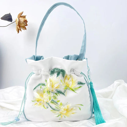 Chinese Style Retro Flower Embroidery Crossbody Top-handle Bags Women Shoulder Lace Drawstring Bucket Bag Coin Purses Handbags