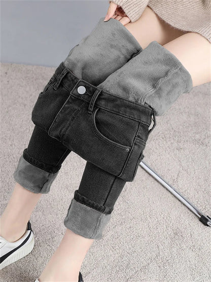 Winter Mid Waist Skinny Warm Jeans Women Plus Velvet Ankle Length Casual Thick Pencil Pants women clothing Fleece Denim Trousers