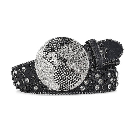 Western Leather belt BlingBling Diamond round buckle water Crystal diamond belt punk style Unisex PU Synthetic belt