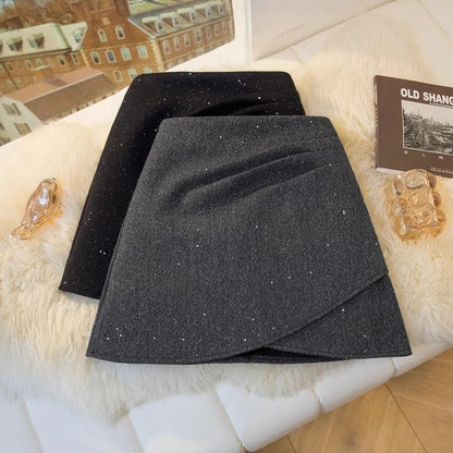 Shiny Sequin A- Line Mini Skirt High Waist Anti-Light Woolen Women's Fashionable Autumn Winter Short Skirt Polyester Blend