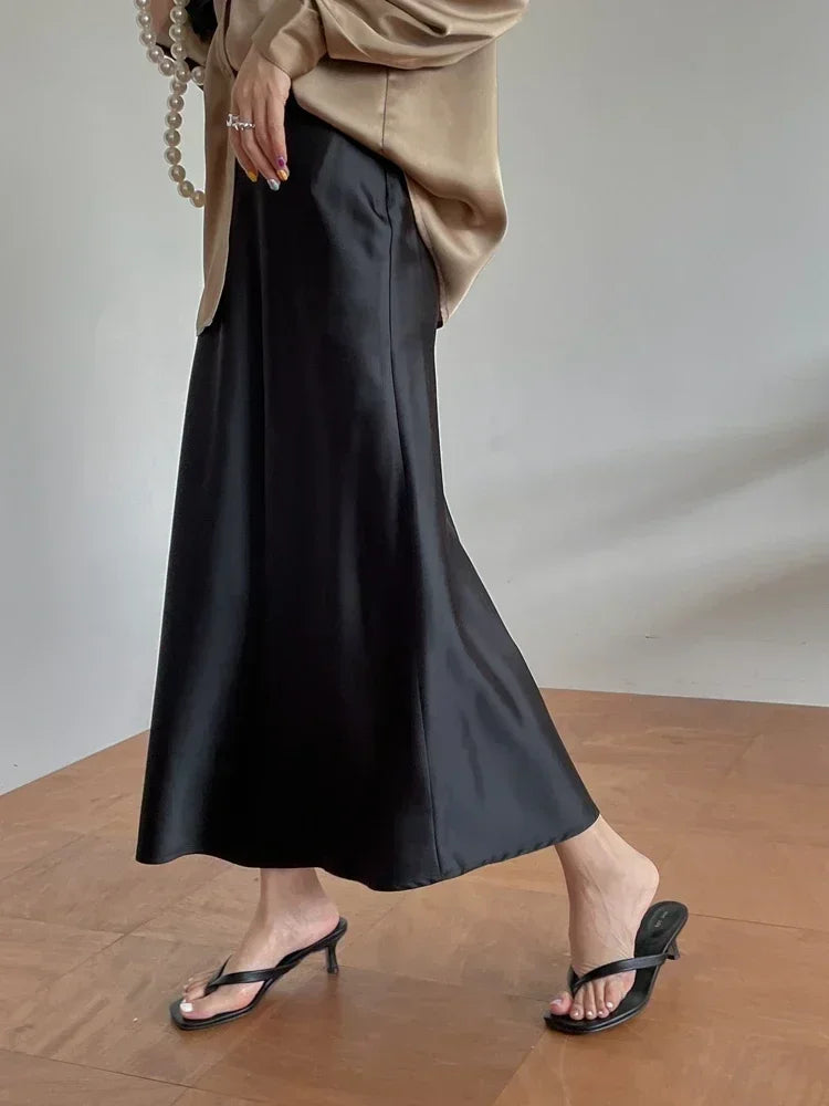 Silk Satin Skirts for Women Korean Style Champagne Office High Waist A-line Skirt Fashion Elegant Solid Long Pencil Skirt 2025