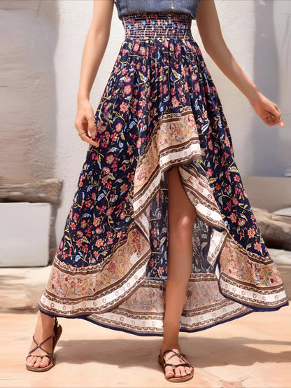 Vintage Chic Fashion Women Floral Print  High Low Beach Bohemian Skirt Elastic Waist Irregular Sexy Maxi Boho Skirts Femme