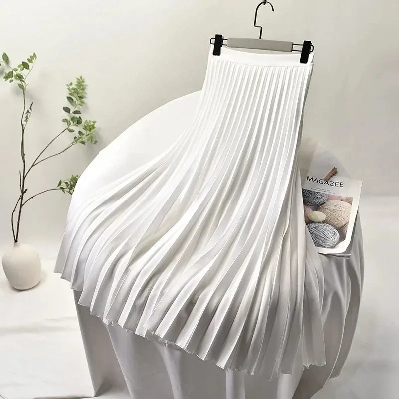 Summer Long Pleated Skirts Womens 2024 Korean Fashion Clothes Elegant High Waist Faldas Chiffon Casual A Line Black Pink Skirt