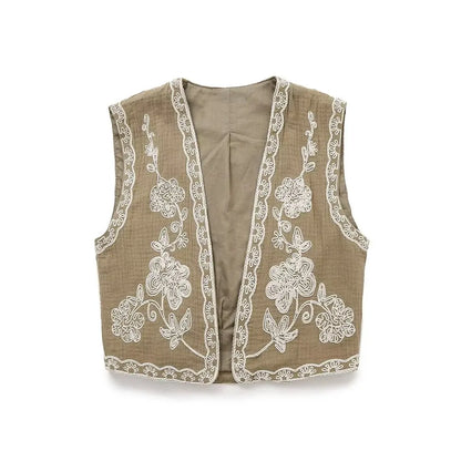 TELLHONEY Women Fashion V-Neck Embroidery Waistcoat Vest Tops Female Casual Vintage Sleeveless Outerwear Jacket