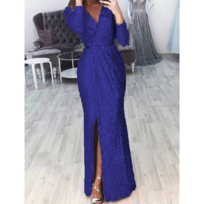 Women's Sequin High Slit Party Dresses Ruched Evening Glitter Dress Deep V Neck Long Sleeve Vestidos 2025 Autumn Female New Robe