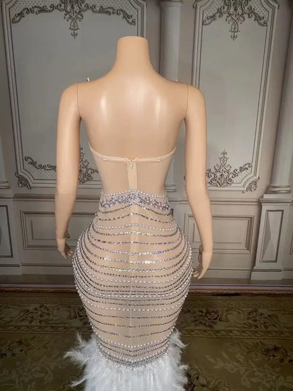 Luxury Pearls Grand Feather Sexy Floor-Length Dress Evening Party Performance Costume Bar Nightclub Singer Dancer Stage Wea