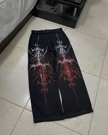 New Cyberpunk Jeans Mens American Y2K Red Graphic Street Goth Baggy Wide-Leg Pants Harajuku Hip-Hop Straight Pants