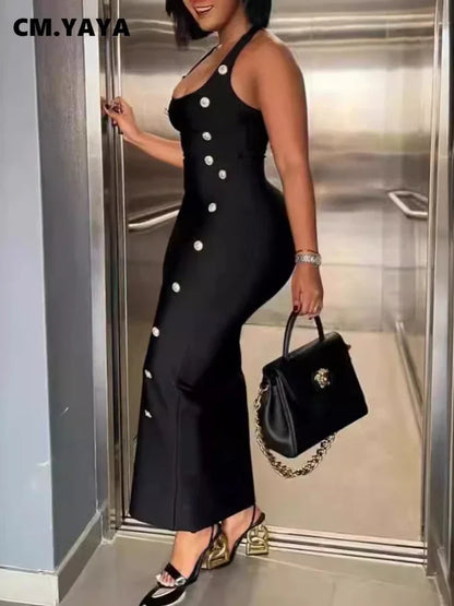 CM.YAYA Women Sleeveless O-neck Maxi Long Skinny Dress 2024 Fall Button Backless Birthday Club Sexy Party Evening Dresses