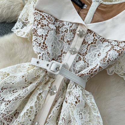 Women V-neck Vintage Short Sleeve Elegant Hook Flower Hollow Lace Chic Rhinestone Slim Dress French Evening High Street Clothing
