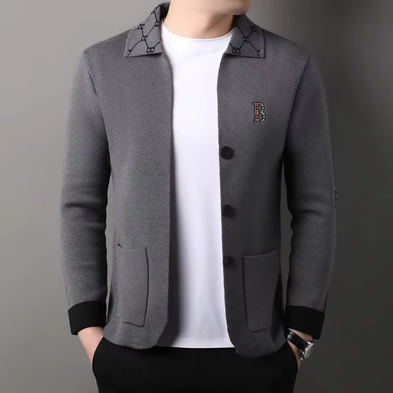 High end brand long sleeved men's lapel knitted cardigan autumn winter fashion B letter embroidery design casual  sweater  coat