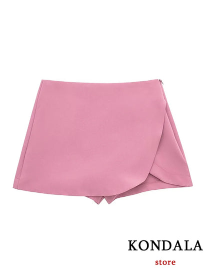 KONDALA Women Fashion 2025 Casual Mini Asymmetrical Skirts Shorts High Waist Back Pockets Wide Leg Skirts Zipper Female Shorts