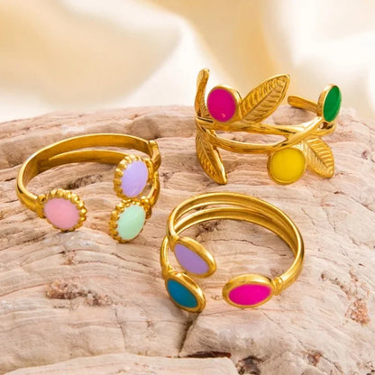 Boho Enamel Geometric Leaf Sunflower Open Rings Gold Plated Stainless Steel Rings For Women Aesthetic Couple Party Jewelry Gifts