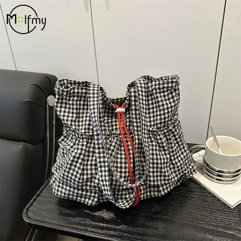 Women's Tote Bag Ruffles Plaid Drawstring Handbag Women Fashion Canvas Shoulder Bags	Large Capacity Korean Bags Bolsos De Mujer