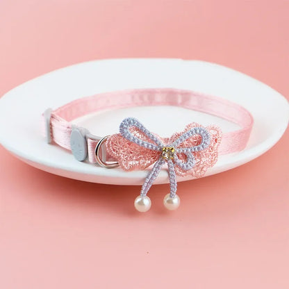Pet Collar Pink Lace Bow Hanging Bead Cat Collar with Bell Pet Dog Kitten  Accessories Fof Small Dogs Pet Products