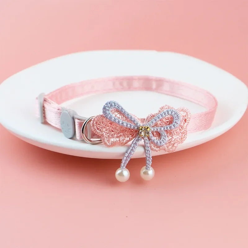 Pet Collar Pink Lace Bow Hanging Bead Cat Collar with Bell Pet Dog Kitten  Accessories Fof Small Dogs Pet Products