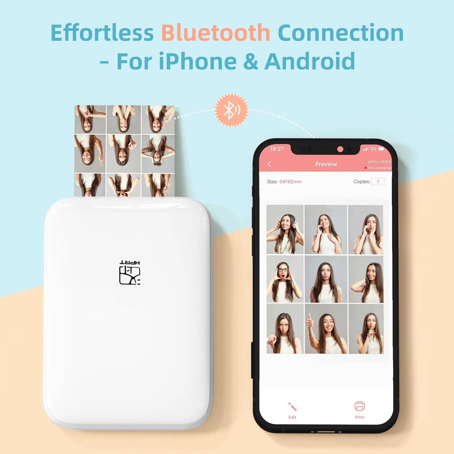 HPRT MT53 Portable Mini Mobile Pocket Printer 2x3 Inch Print Maker Sticky-Backed Photo Paper Bluetooth Mobile Thermal Machine