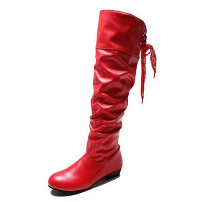 Shoes For Women  Knee High Boots Red Black White Tall Boots Woman Pleated Low Heel Casual Leather Female Long Shoes