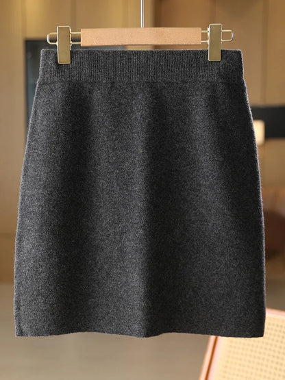 Women Wool Skirts Autumn Winter Office Lady Mini Slim Fit Skirt Elastic Waist 100% Merino Wool Knitted Cashmere Above Knee Dress