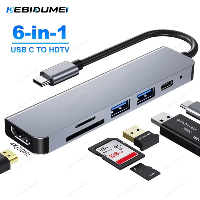 KEBIDUMEI 6 in 1 USB C Docking Station USB Hub Type C to HDMI USB 3.0 SD TF PD 87W USB Splitter OTG Adapter for MacBook Laptop
