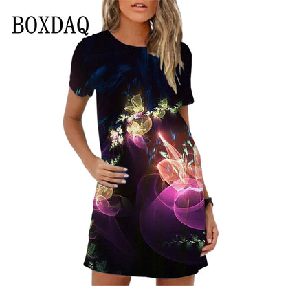 Sweet Cute 3D Print Women Dresses 2023 New Summer Short Sleeve Peacock Pattern Loose A-Line Dress Loose Casual Beach Party Dress
