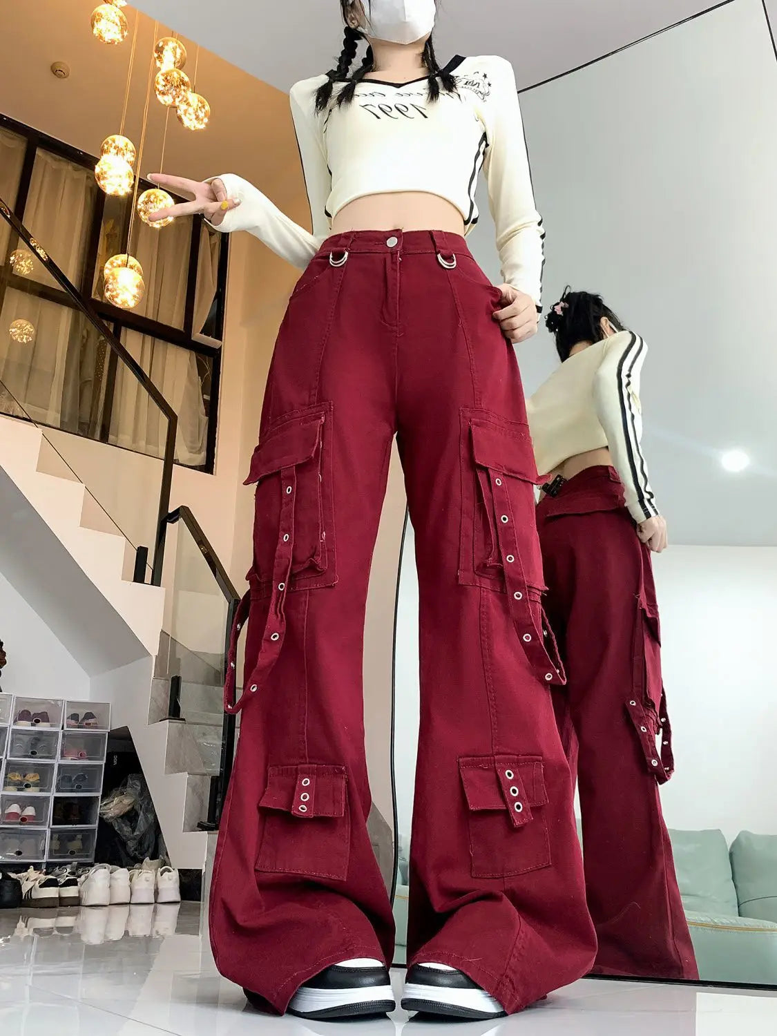 Retro Red Y2k Streetwear Cargo Jeans Women Harajuku 2000s Aesthetic Denim Trousers Fashion Casual Wide Leg Pants Pantalones