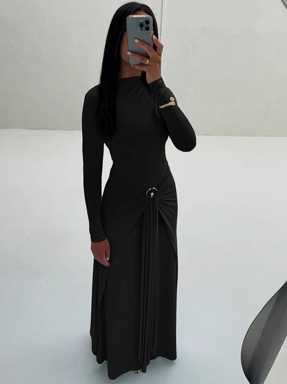 Sisterlinda Sequined Pleated Maxi Dress Classic Solid Full Sleeve Crew Neck Ribbons Sheath Long Robe Mujer Hipster Evening Wear