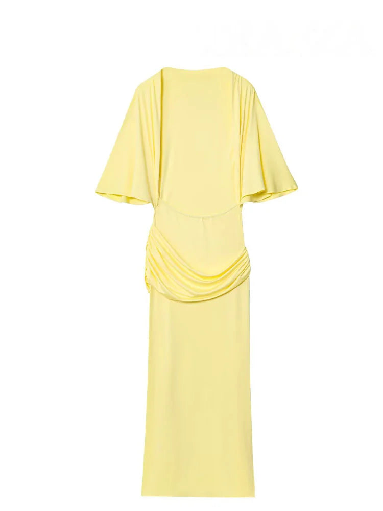 HH Women New Fashion Short Sleeve Sexy Backless Layered Decoration Yellow Slim Long Dress Woman Summer Beach Party Dress