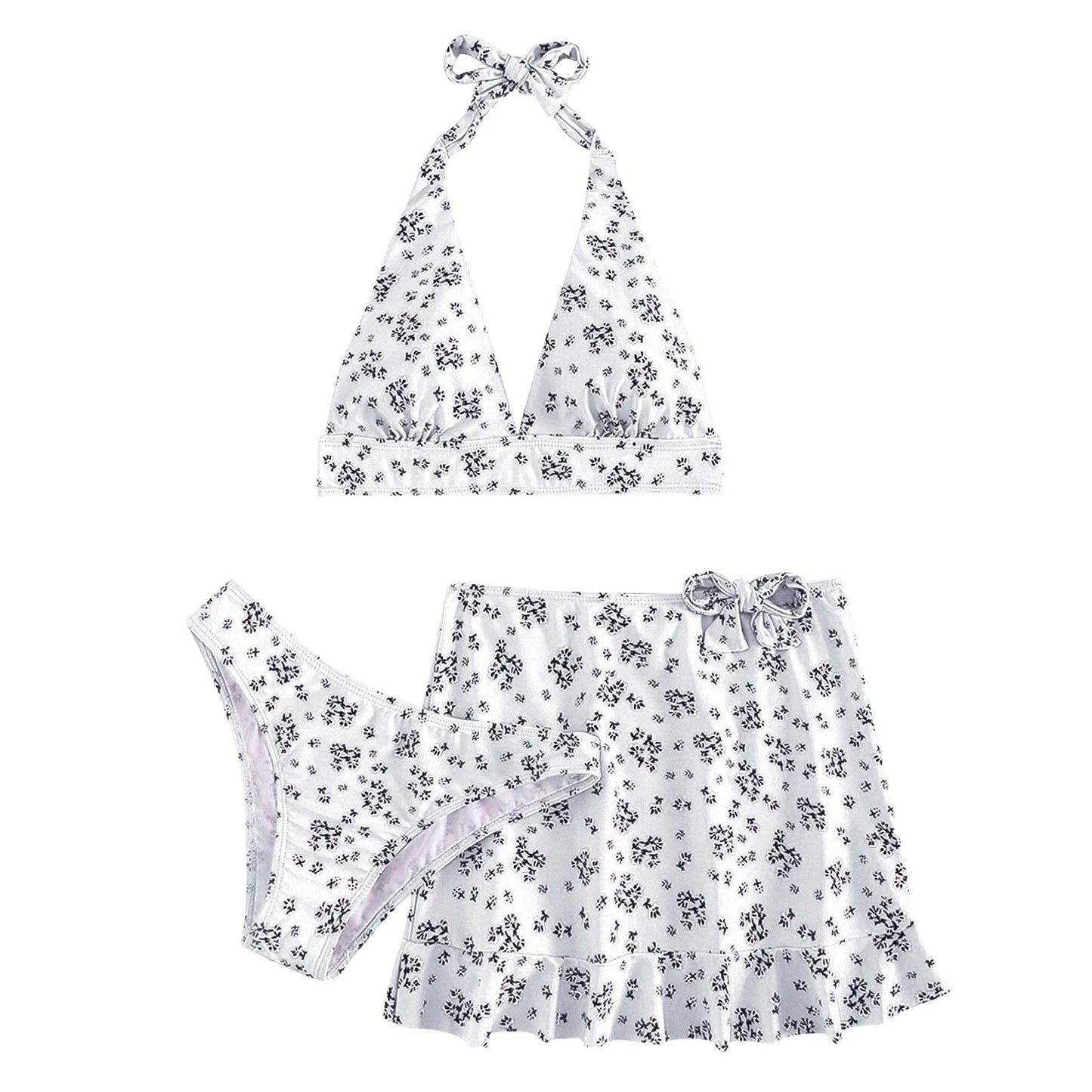 Women Halter Deep Bikinis Set Printed Three Piece Beach Wear Dress Sexy Ruffled Wrap Buttocks Swimwears Women'S Swimsuit