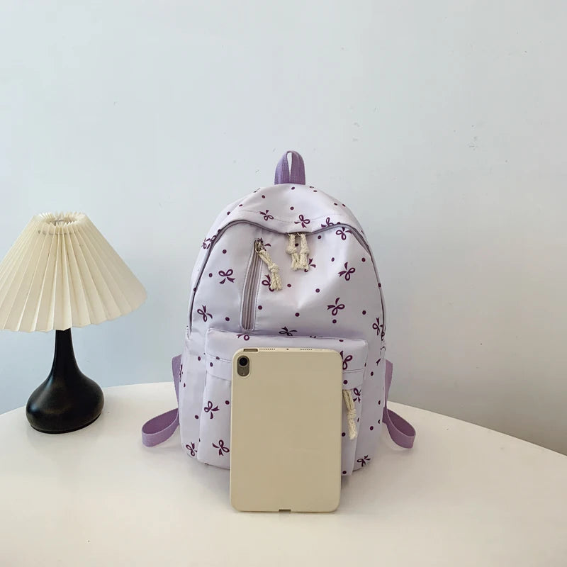 For Daily Use Back To School Season Playful Bow Print Quilted Backpack with Multi Pocket Adjustable Straps Large Capacity