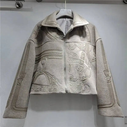 HKSH Autumn Winter New Women Short Woolen Jacket Heavy Embroidery Patchwork Contrast Color Zipper Streetwear Trendy Coat HK12891