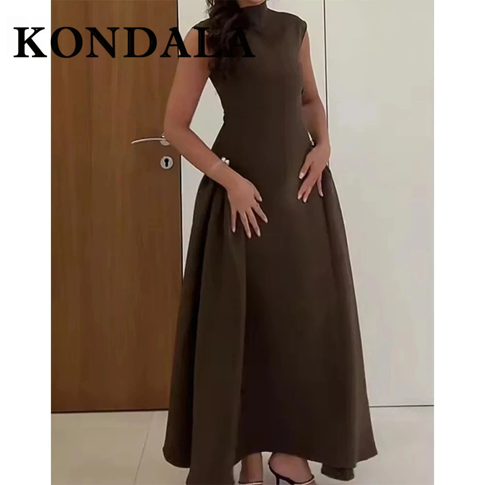 KONDALA Vintage Brown Elegant Woman Dresses Fashion 2025 Pleated Asymmetric Sleeveless Dress Chic Evening Party Female Vestidos