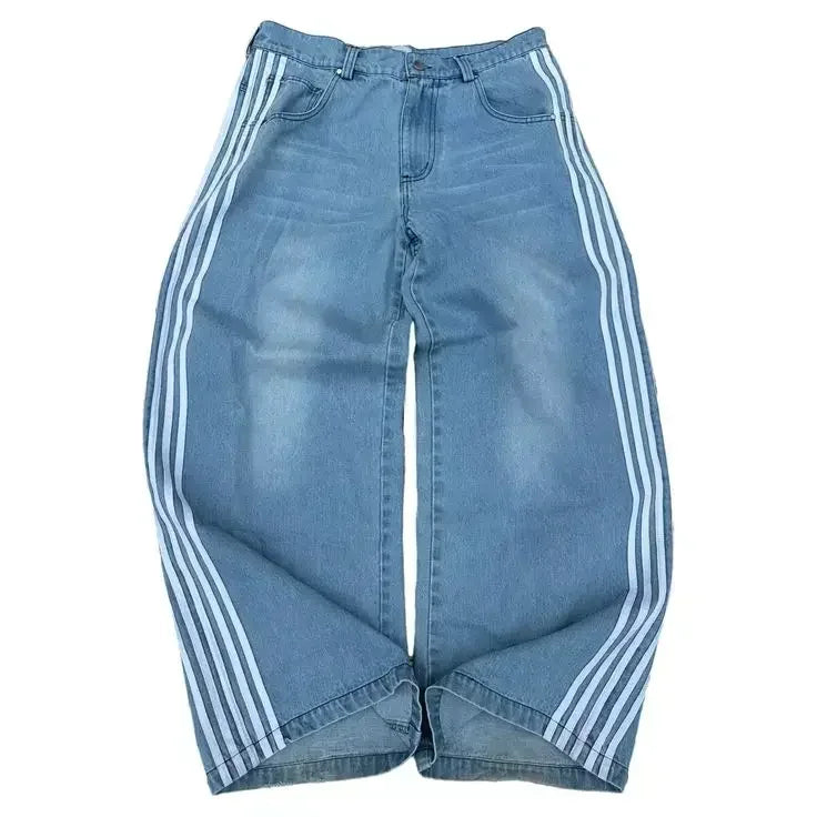 High Street Fashion Trendy Embroidery Pattern Harajuku Gothic Straight Wide Legs Casual Loose Punk Washed Old Denim Trousers