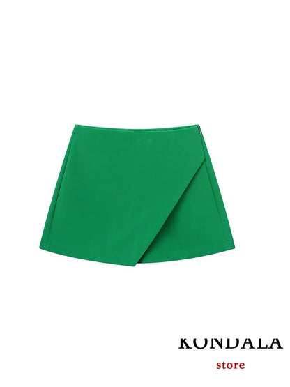 KONDALA Women Fashion 2025 Casual Mini Asymmetrical Skirts Shorts High Waist Back Pockets Wide Leg Skirts Zipper Female Shorts