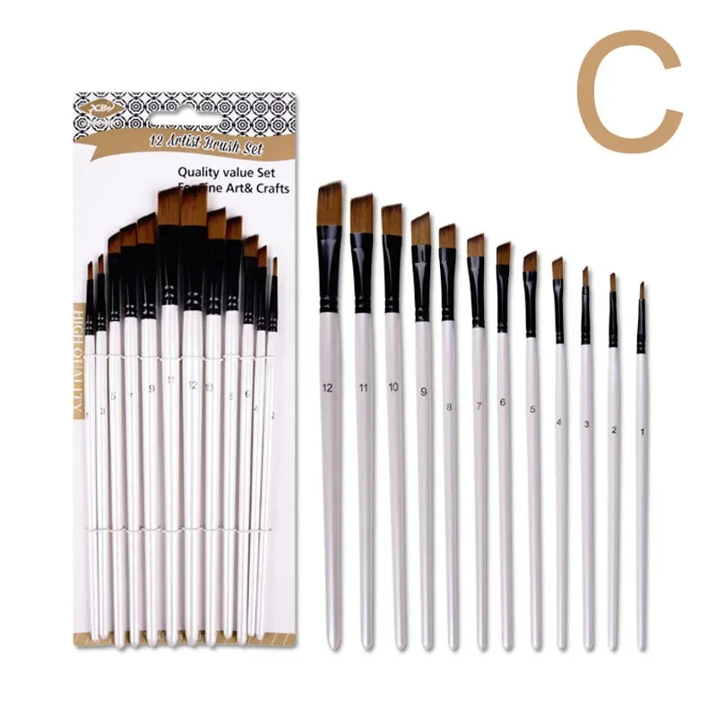 12pcs Nylon Hair Wooden Handle Watercolor Paint Brush Pen Set for Learning Diy Oil Acrylic Painting Art Paint Brushes Supplies