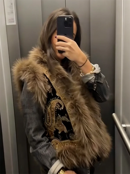 Women's Vintage Paisley Pattern Sleeveless Vest With Raccoon Fur Trim Fashion Waistcoat Outerwear 2025 Autumn Winter Streetwear