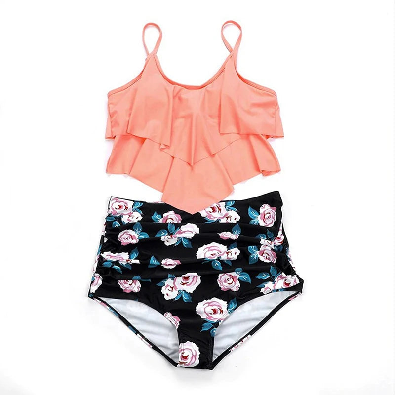 Bathing Suit Women Print 2 Piece Chic Layered Ruffles Suspender High Waist Bikini Summer 2025 New Casual Lady Beachwear Swimsuit