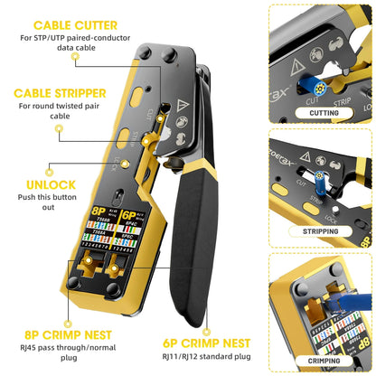 RJ45 Crimp Tool Pass Through Ethernet Crimping Tool for Cat6 Cat5 Cat5e Cutting Peeling Tool Wire Cutter Crimper Connectors