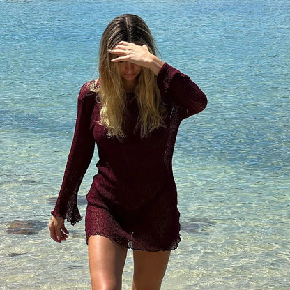 2024 Bikini Cover-ups Knitted Sexy See Through Bodycon Mini Dress Women Summer Long Sleeves Beach Cover Up Backless Beachwear