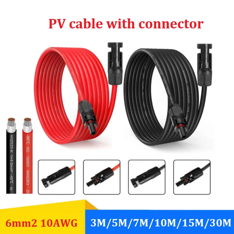 PowMr Black Red 3M 5M 7M 10M 15M 30M Solar Photovoltaic Line 6mm2 10AWG PV Cable with Connectors Solar System PV Extensions Wire