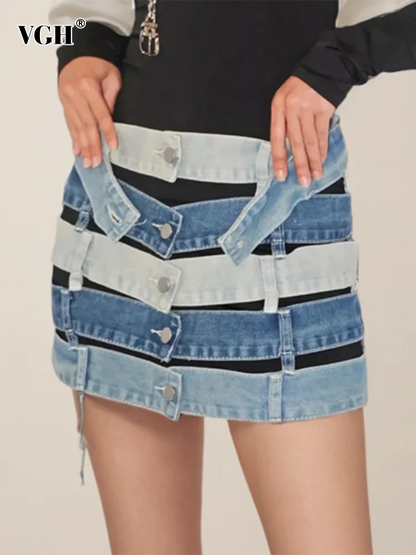VGH Colorblock Streetwear Denim Skirts For Women High Waist Spliced Button Hollow Out Casual Irregular Skirt Female Fashion New