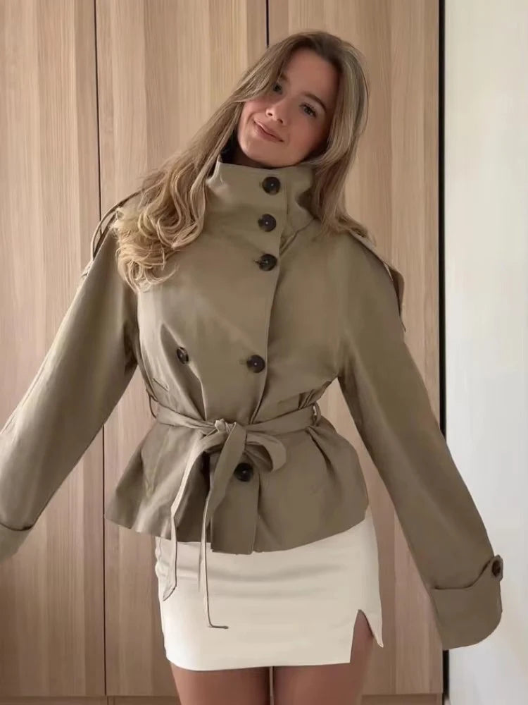 Women's Chic Stand Collar Double-breasted Belted Waist Cropped Trench Coat Shoulder Epaulets 2025 Autumn Casual Street Outerwear