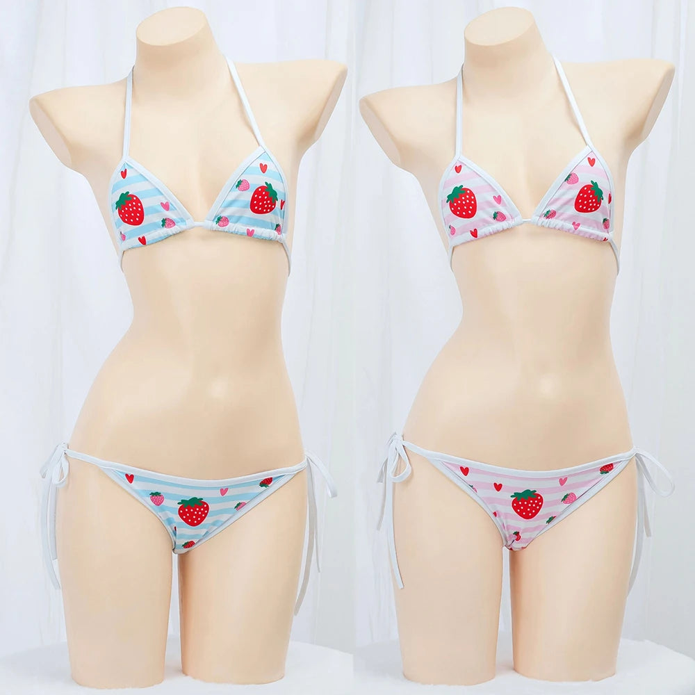 Cute Bikini Swimwear Women 2025 Strawberry Print Girl Lace Up Bathing Suit Low Waist Mini Bikinis Sets Beach Swimsuit