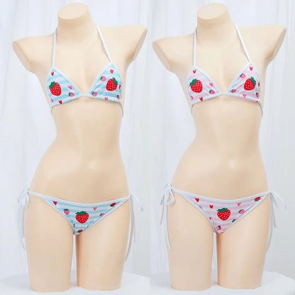 Cute Bikini Swimwear Women 2025 Strawberry Print Girl Lace Up Bathing Suit Low Waist Mini Bikinis Sets Beach Swimsuit