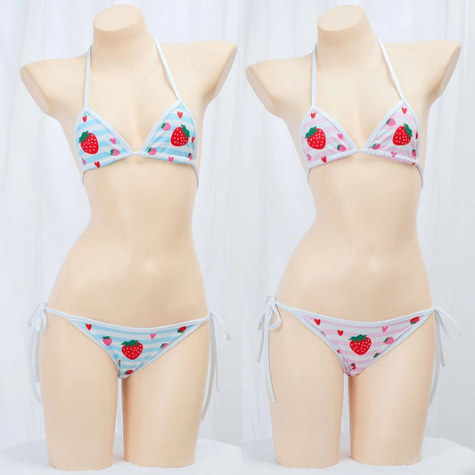 Cute Bikini Swimwear Women 2025 Strawberry Print Girl Lace Up Bathing Suit Low Waist Mini Bikinis Sets Beach Swimsuit