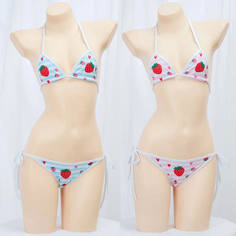 Cute Bikini Swimwear Women 2025 Strawberry Print Girl Lace Up Bathing Suit Low Waist Mini Bikinis Sets Beach Swimsuit