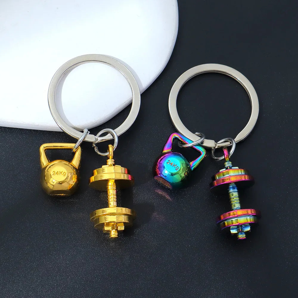 Fashion Mini 3D Metal Dumbbells Keychain Solid Color Kettlebell Sports Keyring Unisex Backpack Pendant Car Key Holder Accessorie