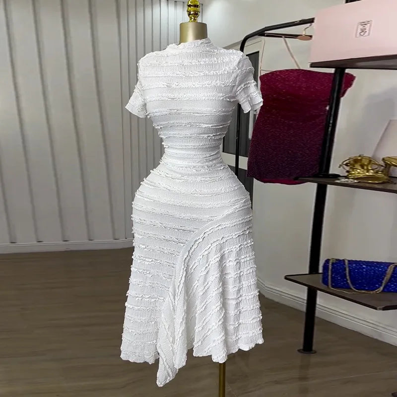 Women Short Sleeve 2025 New High Neck Big Swing Elastic Dress Sweet Elegant Sexy Birthday Night Party Vestidos Event Dresses