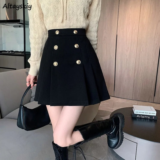 Pleated Skirts Women Button Leisure Designer Pure Colors Stylish Harajuku Korean Style Faldas BF Vintage All-match Autumn Winter